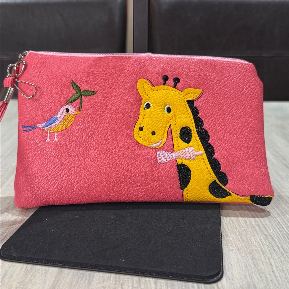 Pink Clutch with Giraffe and Bird Design